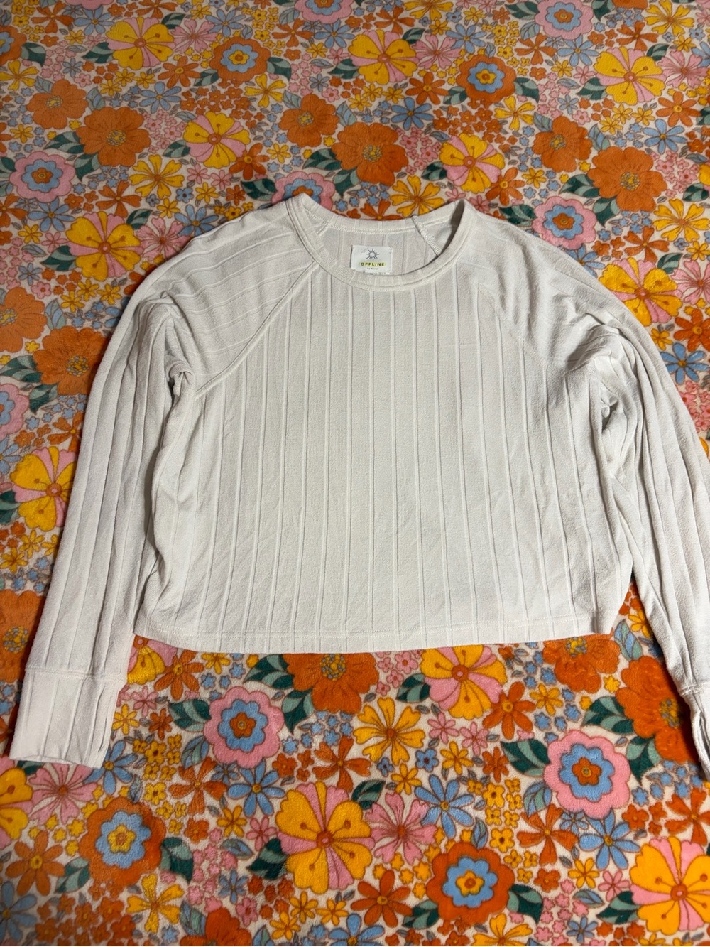 Aerie Women's Cream Ribbed Long-Sleeve Top